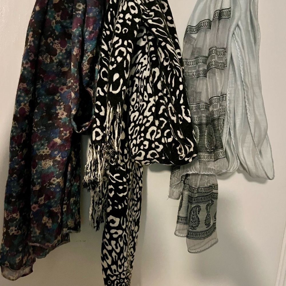 Stylish Scarf Trio - Multicolor floral , Black and White animal print, grey silk